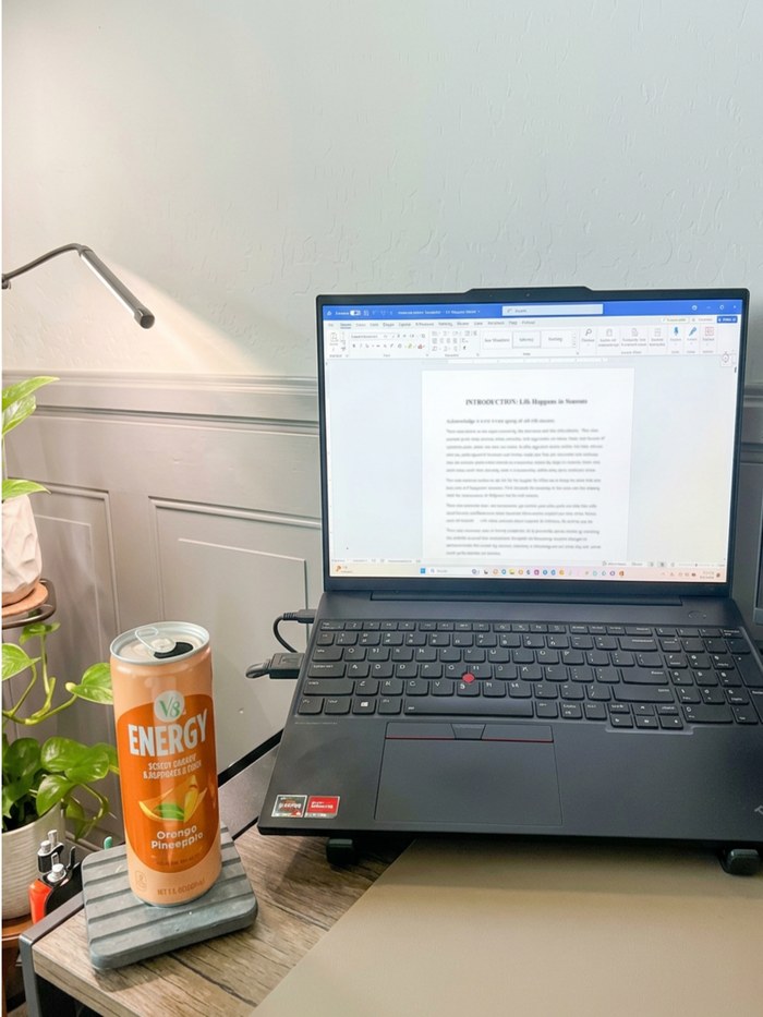 Tonika's writing workspace — the desk where Seasons was written